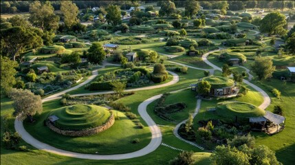 Lush, rolling hills and winding pathways showcase a unique sustainable community nestled within a vibrant landscape.