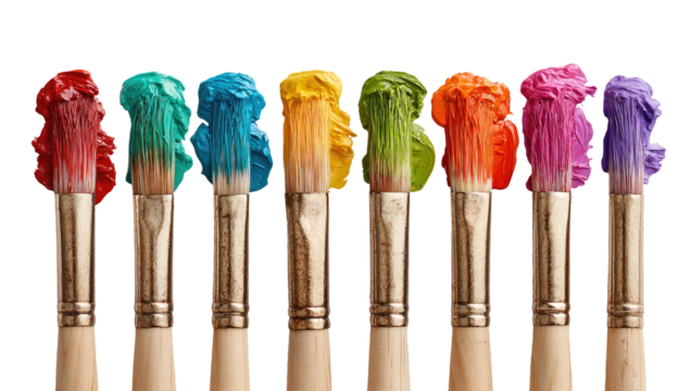 Paintbrush tips dipped in vibrant, rainbow-colored paint