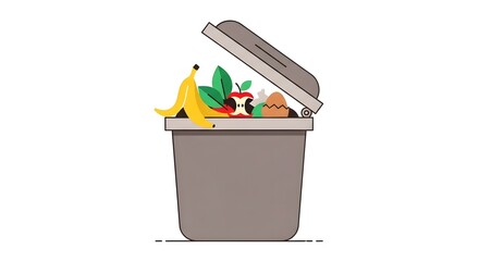 Open Gray Trash Bin Filled with Fresh Fruit Including Banana Apple and Coconut