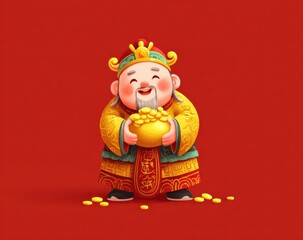 A joyful character with a big smile holds a pot of gold coins, surrounded by scattered coins. The bright red background enhances the festive atmosphere and cultural significance.