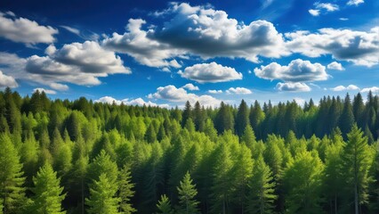 Dense forest with tall trees and a clear blue sky filled with fluffy white clouds