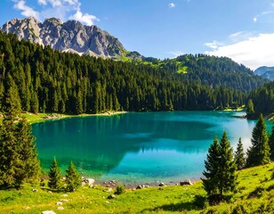 Picturesque alpine lake nestled in a lush forest