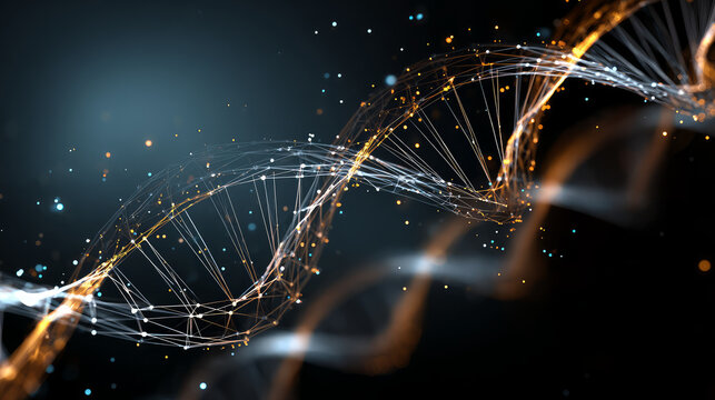 Blue DNA double helix with water molecule blue background. Human genetic research DNA, laboratory environment. Abstract image of human genetics, which glowing DNA strands merge with digital elements