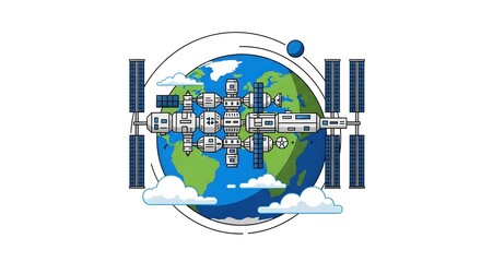 Illustration of a Space Station Orbiting Earth with Solar Panels and Clouds