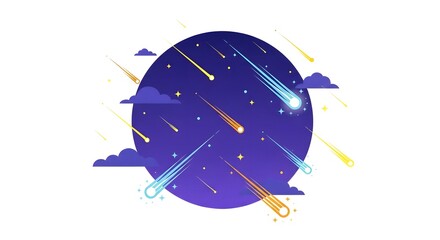 Colorful Meteor Shower Over Night Sky with Clouds and Stars