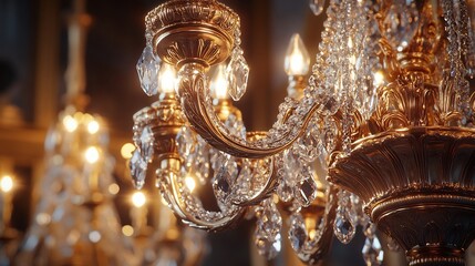 Elegant ornate crystal chandelier with glowing lights in a luxurious interior
