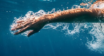 Underwater View of a Swimmer's Arm Propelling Through Blue Water