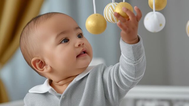 Baby reaching out for hanging toys with curiosity. Bright indoor space featuring soft natural light and modern decor. Concept of early childhood development, parenting, baby goods