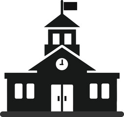 Classic school building silhouette with clock tower and flag isolated on white background isolated on transparent background