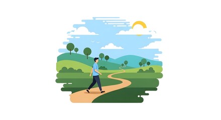 Young Man Walking on Winding Path Through Green Hills Under Sunny Sky