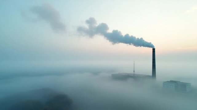 Smoke from a power station chimney rising from a low, creeping fog. Drone view