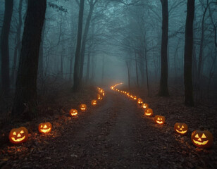 Misty abandoned forest path illuminated by glowing jack-o’-lanterns, creating a spooky and atmospheric Halloween scene.