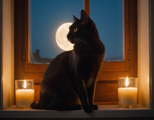 Black cat sits on a window sill with a glowing full moon outside and warm candlelight inside, creating a mystical and cozy Halloween atmosphere.