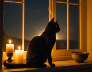 Black cat sits on a window sill with a glowing full moon outside and warm candlelight inside, creating a mystical and cozy Halloween atmosphere.