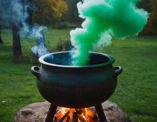 Mystical witch brewing a potion in a cauldron with green smoke swirling and glowing magical sparks floating around in a spooky atmosphere.