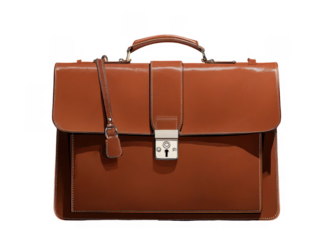 Elegant brown leather briefcase with silver lock and handle isolated on black background