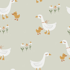 Vector seamless pattern with cute geese on a beige background. Seamless for wrapping paper, greeting cards and other. Can be used for wallpaper, textile, packaging.