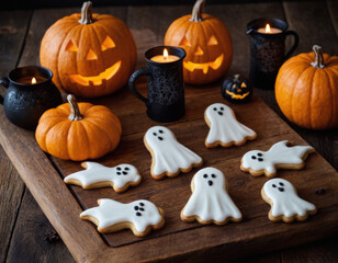 Flat lay of Halloween cookies — iced biscuits shaped like ghosts, pumpkins, bats, and spiders arranged on a rustic wooden table.