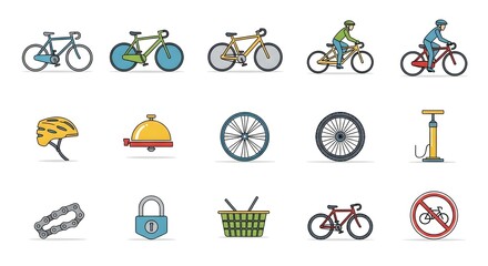 Set of Bicycles and Cycling Accessories in Flat Style Suitable for Transportation and Recreation