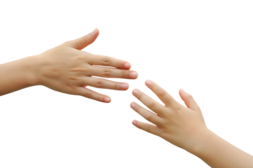 Two open hands reaching towards each other isolated on a transparent background fingers