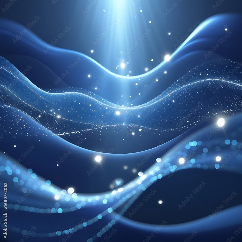 Poster abstract flowing waves of luminous blue energy with sparkling particles and a bright light source ab