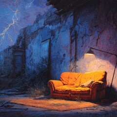 Ruined dwelling, stormy night, orange couch