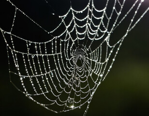 Close-up of a spider web with dew drops sparkling in moonlight, soft blurred spooky background, mystical and atmospheric night scene.