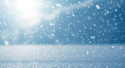 Soft focus winter scene with falling snowflakes and gentle sunlight rays