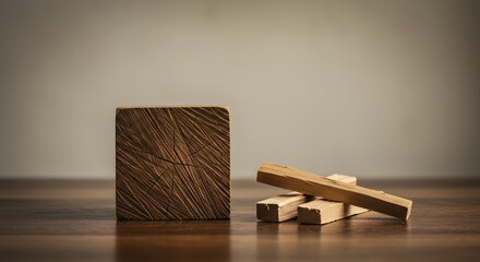 Wooden cube and stacked blocks on a wooden surface with a neutral background.