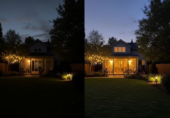 House exterior at dusk and night, illuminated with warm lights.