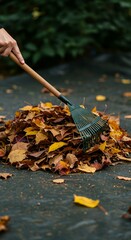 A person's hand using a rake to gather a pile of colorful autumn leaves on the ground.