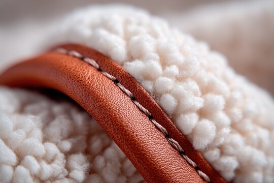 Close-up of tan leather detail on a cream-colored sherpa
