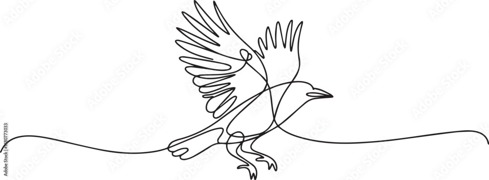 Poster continuous single line drawing of crow flying with wings spread in minimalist black outline bird vec