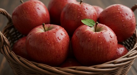 Close-up of several red apples in a wicker basket.