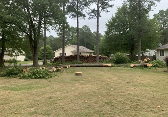 Yard after tree trimming and removal, with woodpile.