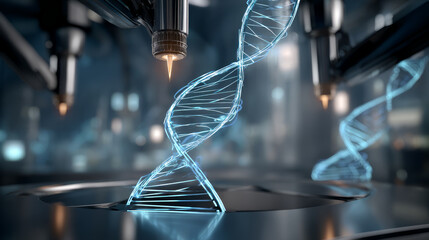Blue DNA double helix with water molecule blue background. Human genetic research DNA, laboratory environment. Abstract image of human genetics, which glowing DNA strands merge with digital elements