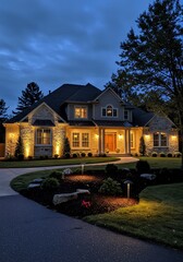Stunning exterior view of a luxurious residential house at night with illuminated features and a beautiful landscape.
