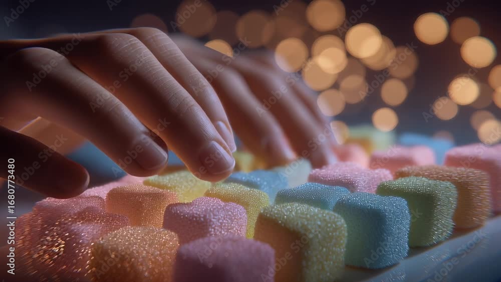Poster hands seen typing on keyboard while colorful candy cubes rest nearby. soft bokeh lighting creates a 