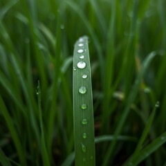 Close-up of a single blade of grass covered in morning dew.