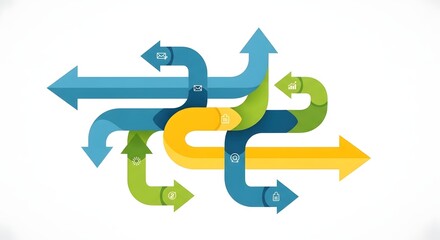 Colorful Arrows Diagram with Icons Showing Business Strategy and Data Flow