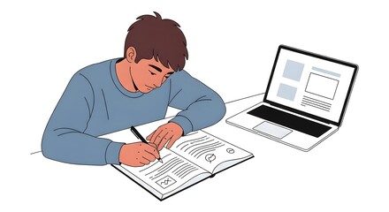 Young Boy Studying with Open Book and Laptop in Bright Room