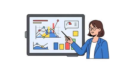 Businesswoman Analyzing Graphs on Digital Screen in Office