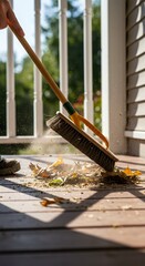 Person sweeping leaves off a wooden deck.