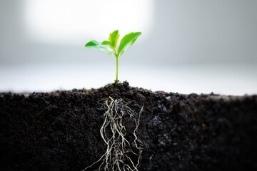 A small sprout emerges from dark soil, its roots visible below the surface, set against a bright background