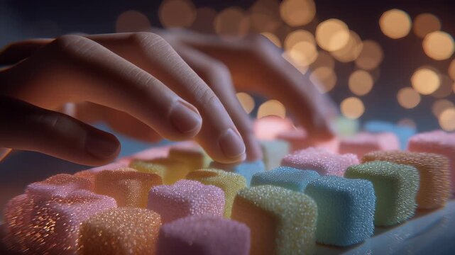 Fingers gently touch vibrant chewy candies in various pastel colors. Soft bokeh lights create a warm atmosphere, ideal for dessert shops, candy stores, and event planners