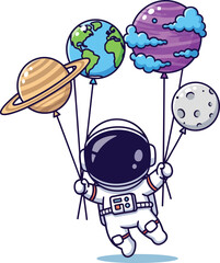 An astronaut is floating among planets like balloons in the vast universe exploring space travel