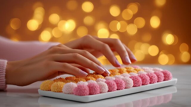 Hands gently placing vibrant sweet treats in a row on white platter. Warm bokeh lights create a cozy atmosphere, perfect for dessert shops, bakery promotions, festive events