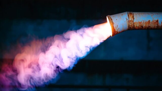 Flame jet emerging rusty pipe in industrial setting