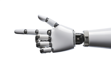 White robotic hand pointing left with thumb up isolated on a transparent background