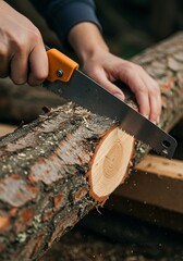 Close-up of hands using a hand saw to cut a log.
